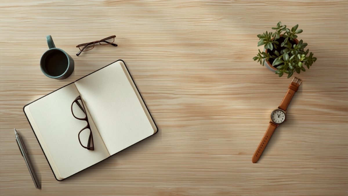An overhead view of a desk with a notebook, glasses, a mug, a watch and a small plant