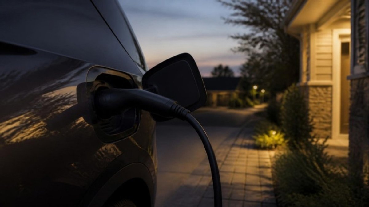 An electric car charging cable plugged into a car's charging port in a residential driveway, in evening light