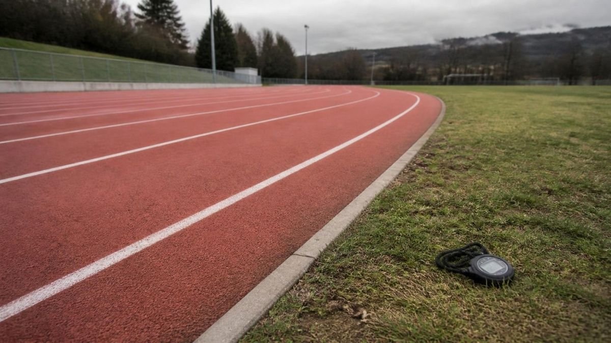 An empty red running track with white lane lines curving into the distance on an overcast morning, a stopwatch resting on the infield grass