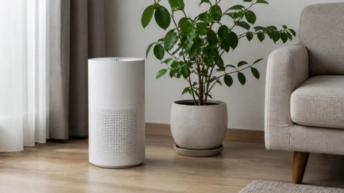 A white cylindrical air purifier on a wooden floor beside a houseplant, in soft daylight from a window