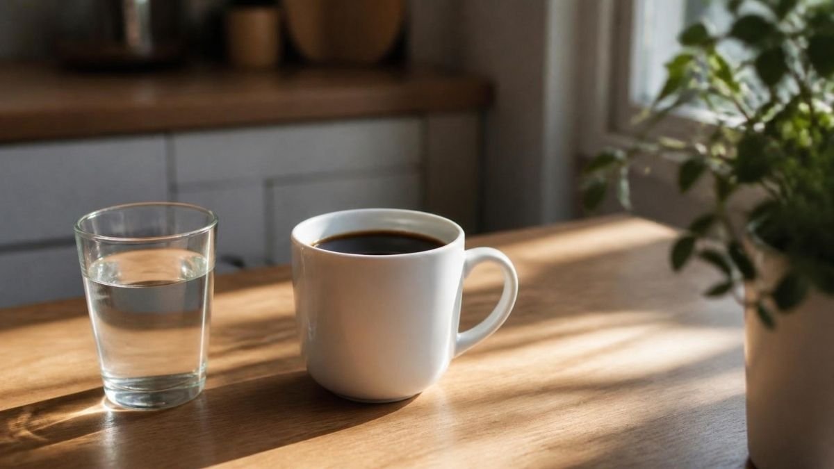 A white mug of black coffee beside a plain glass of water on a wooden kitchen table in morning light