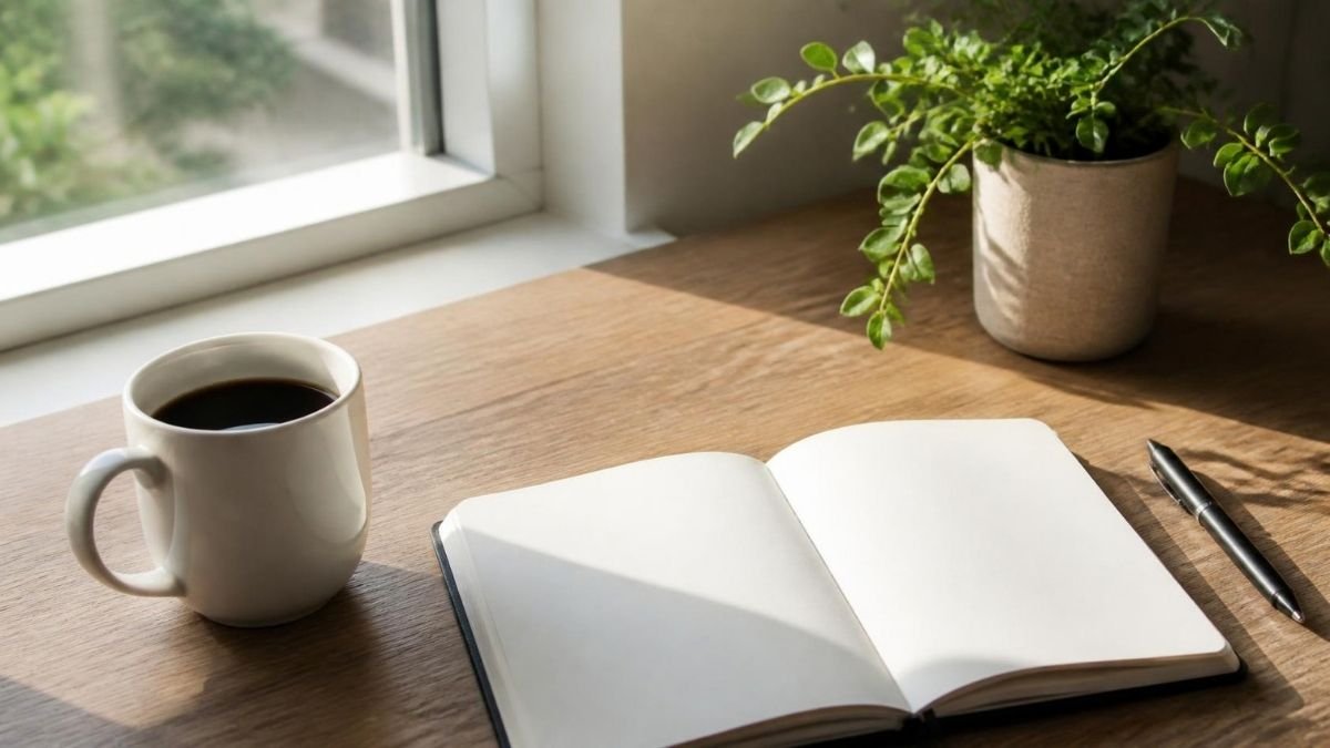 A plain white mug of black coffee beside an open notebook and a pen on a wooden desk, in morning light from a window