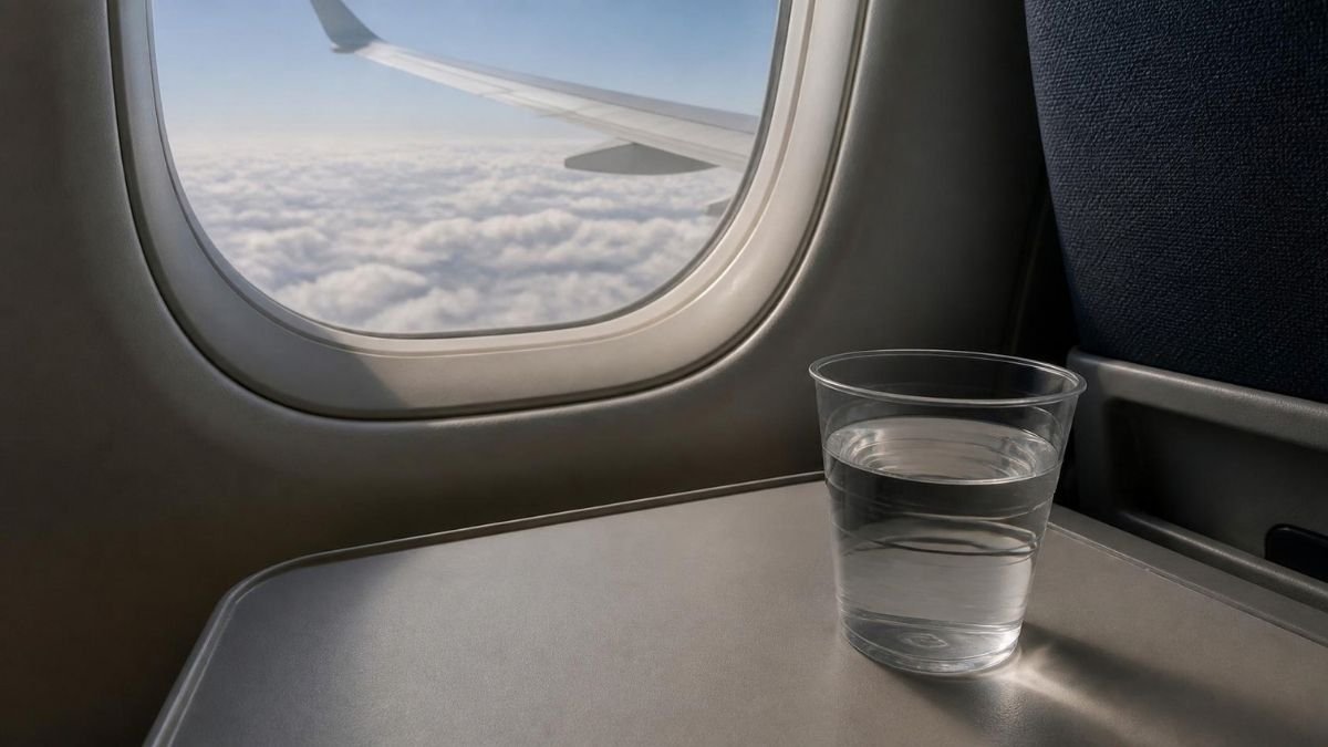 A clear plastic cup of water on an airliner tray table beside an oval window, with cloud tops and a wing visible outside in daylight