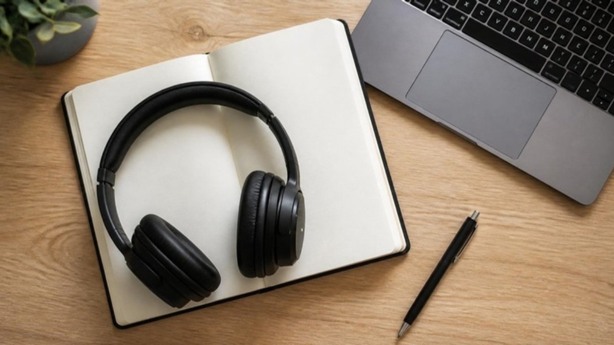 Over-ear headphones resting on an open notebook beside a laptop keyboard on a desk, seen from above