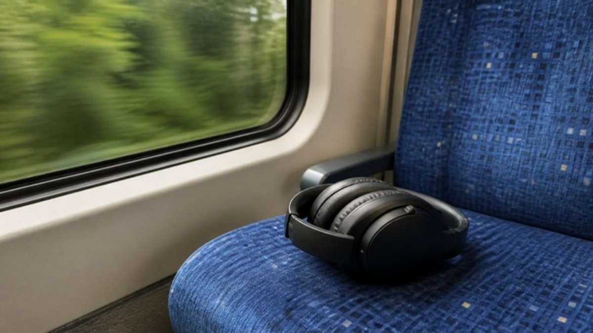 A pair of black over-ear noise-cancelling headphones folded on a train seat beside a window with a blurred landscape outside