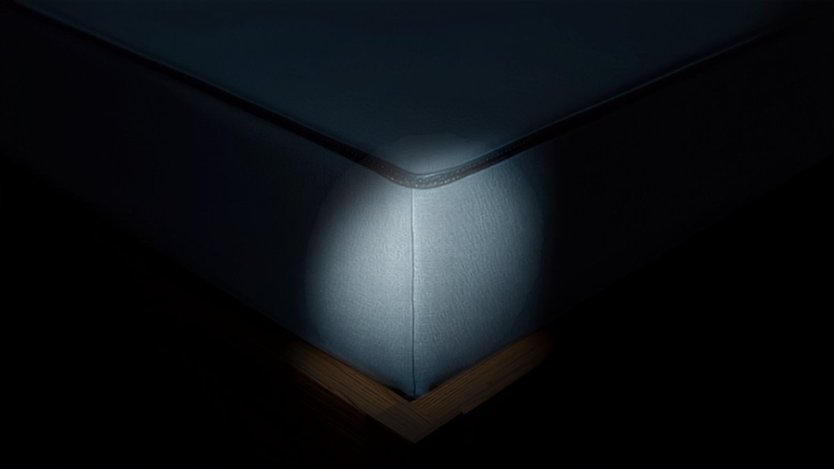 A torch beam lighting the corner of a mattress