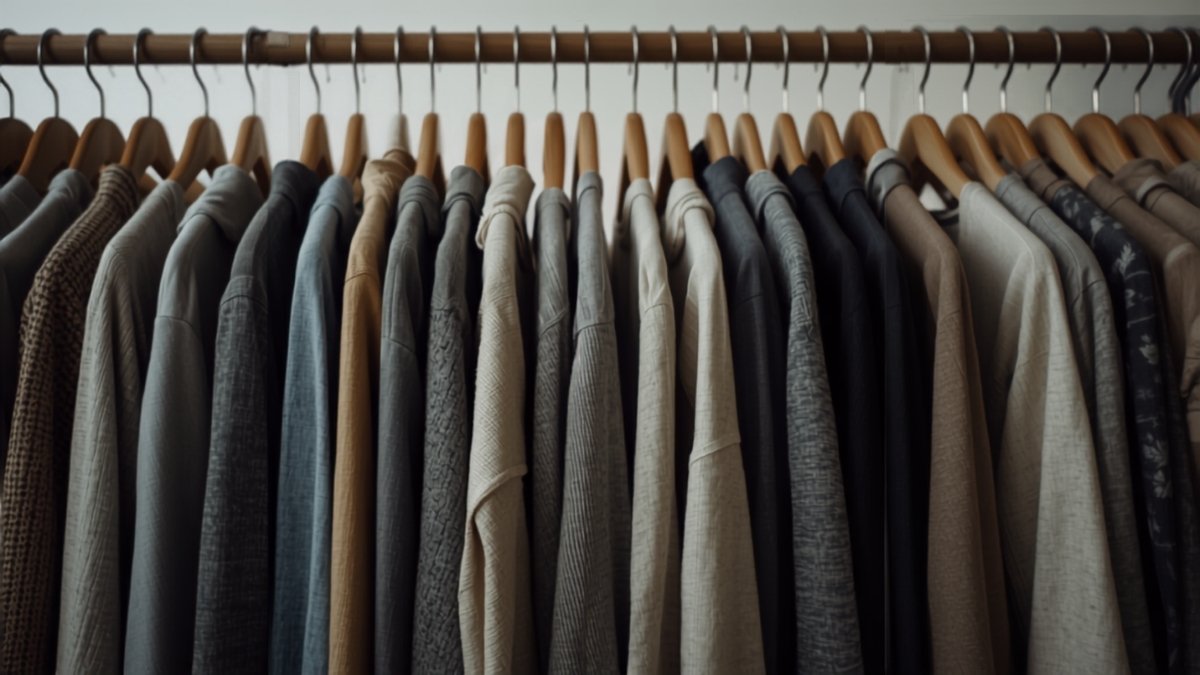 A densely packed rail of clothes on wooden hangers