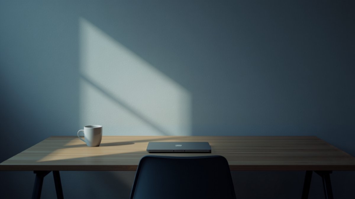 An empty office desk with a single mug at the end of the day