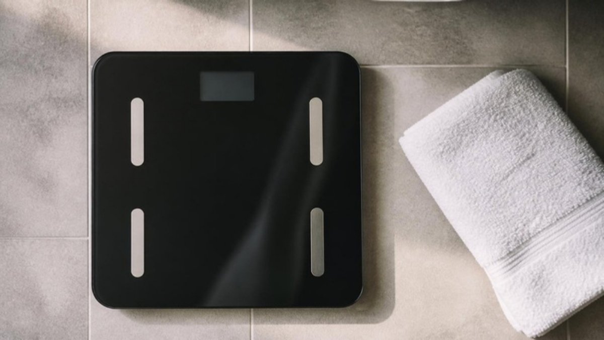 A glass bathroom scale with metal electrode strips on a tiled floor beside a folded white towel, seen from above