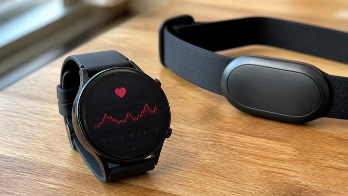 A smartwatch on a wrist showing a heart-rate graph, resting on a wooden table beside a chest-strap monitor