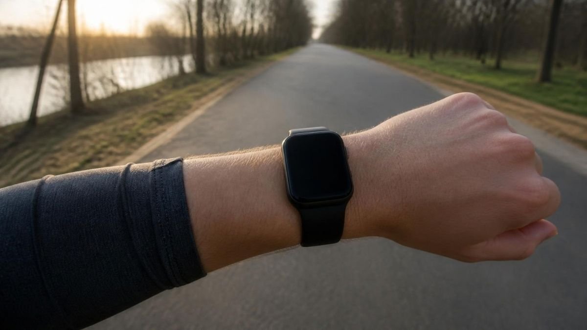 A runner’s wrist with a black smartwatch raised on a paved park path in early morning light