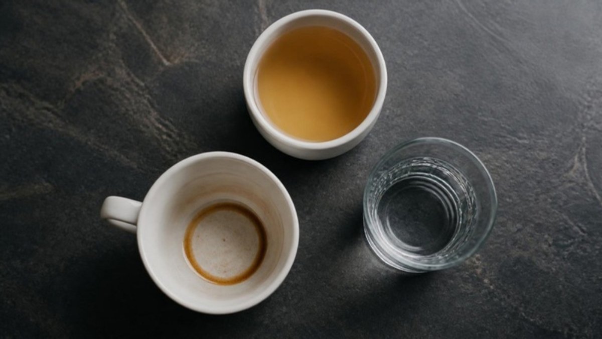An empty coffee cup with a dried ring beside a cup of tea and a glass of water, seen from above