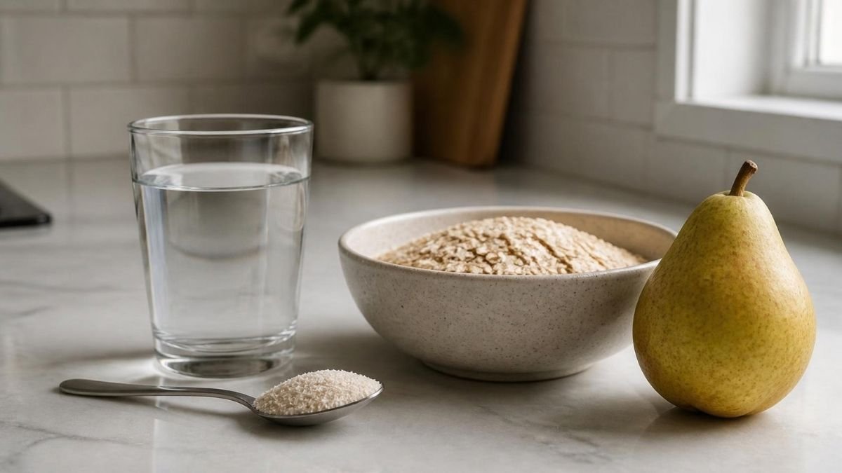 A glass of water with a spoonful of pale psyllium husk powder beside it on a kitchen counter, next to a bowl of oats and a pear