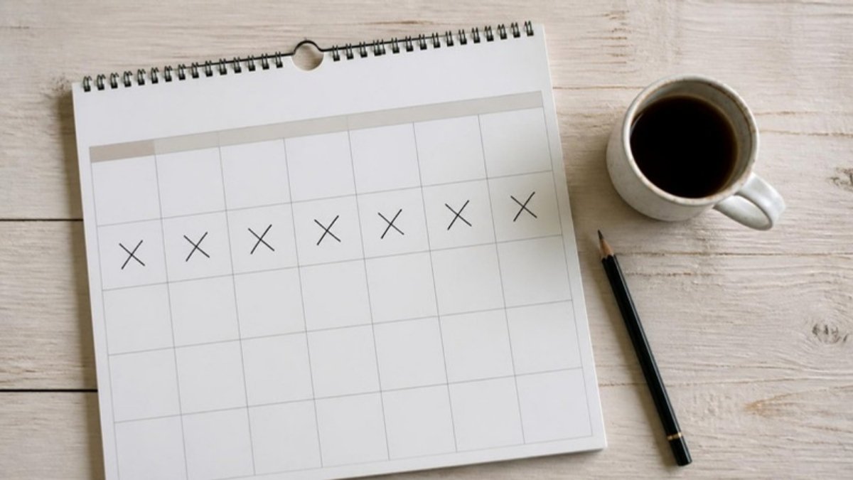 A wall calendar with a row of days crossed out in pen, beside a pencil and a coffee cup, seen from above