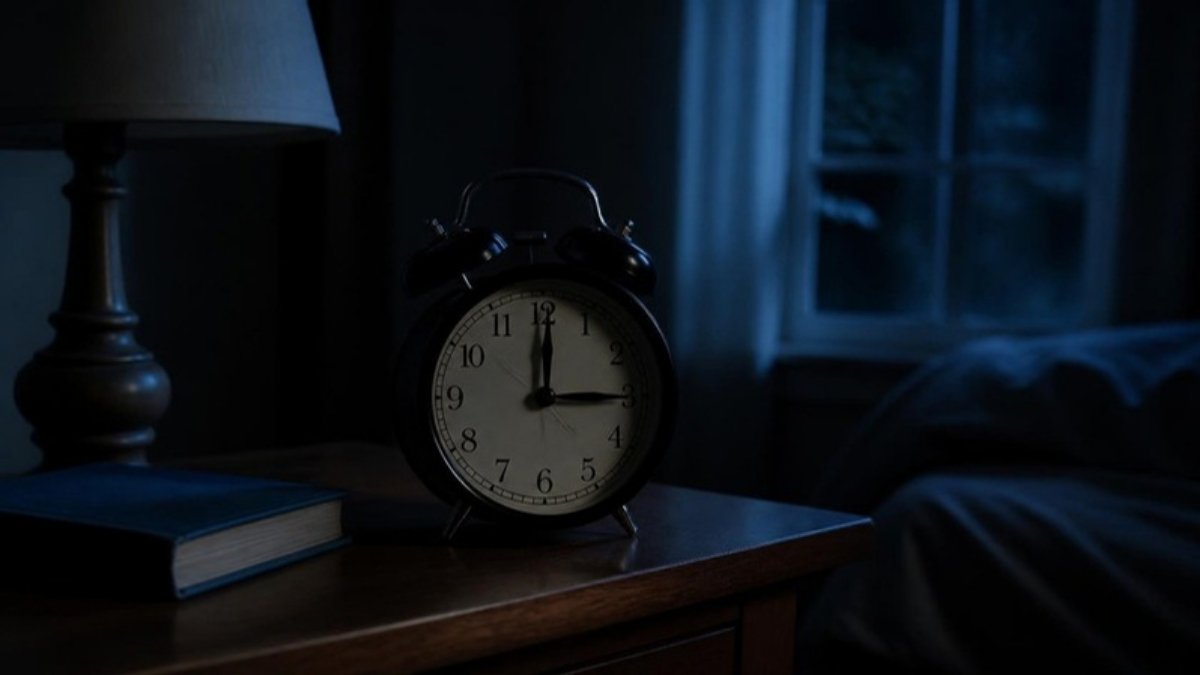 An analogue alarm clock on a bedside table beside a lamp and a book in a dark room