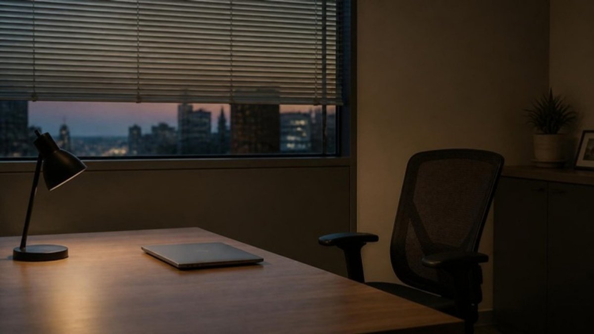 An empty office chair pushed back from a desk with a closed laptop, a lamp switched off, in low evening light