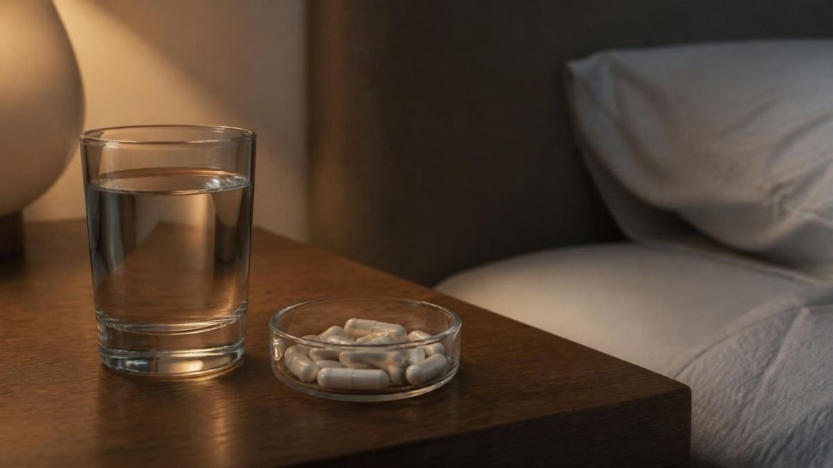 A small glass dish of plain white capsules beside a glass of water on a wooden bedside table, in soft evening light