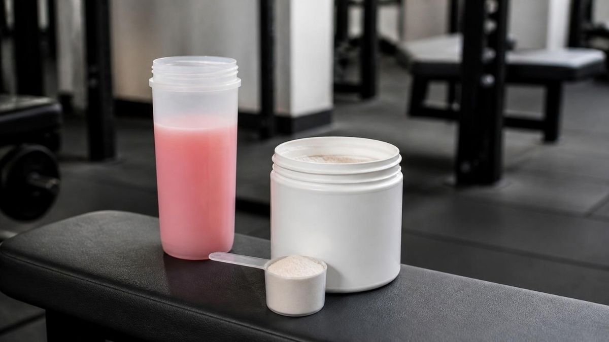A plastic shaker bottle with a pale pink drink and an open tub of powder with a scoop on a gym bench, in plain daylight