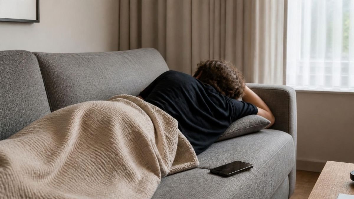 A person asleep on a grey sofa under a blanket in afternoon daylight, seen from behind, with a phone on the cushion