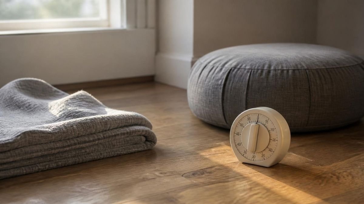 A kitchen timer on a wooden floor beside a folded grey blanket and a round cushion, in morning window light