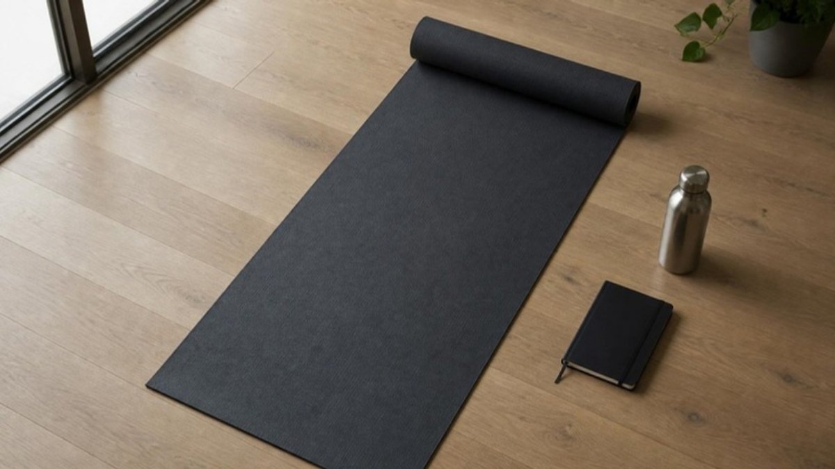 A yoga mat laid on a wooden floor beside a water bottle and a small notebook, seen from above, ready for a floor exercise