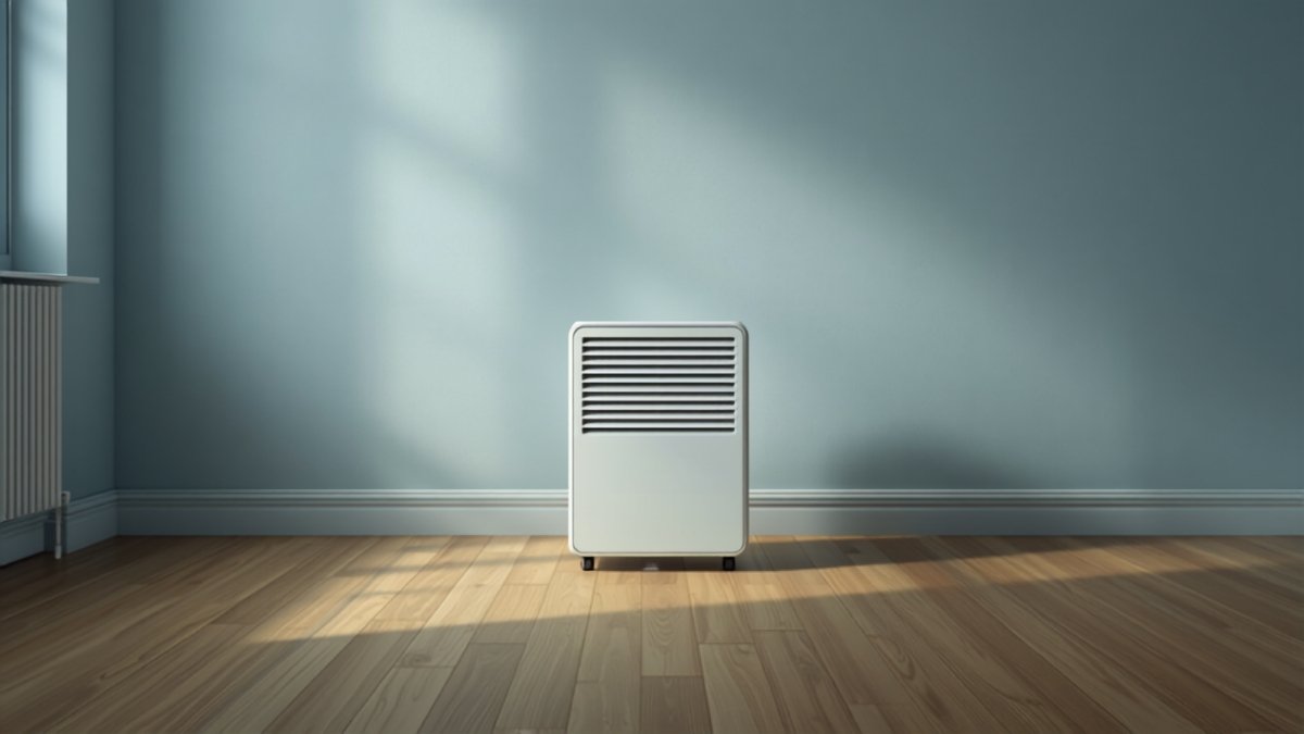 A dehumidifier standing in a quiet, empty room