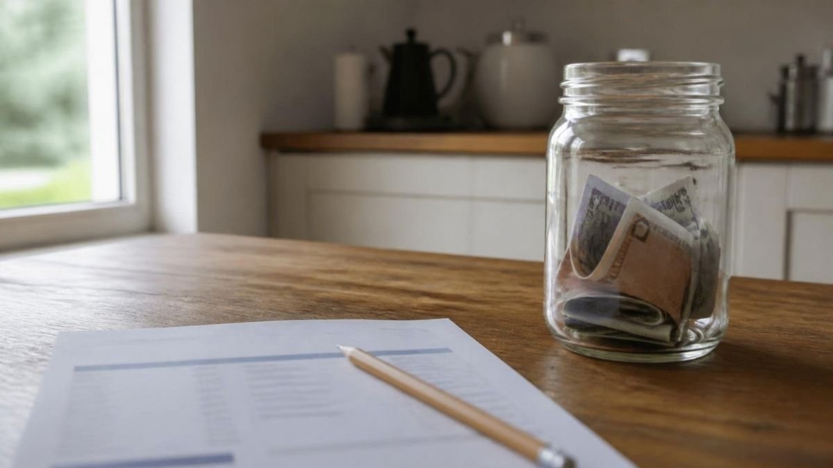 A sheet of paper and a pencil on a kitchen table beside a glass jar holding folded banknotes, in daylight