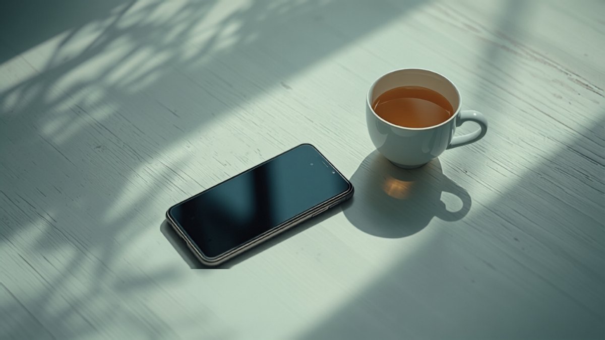 A phone lying face-down on a sunlit table beside a cup of tea