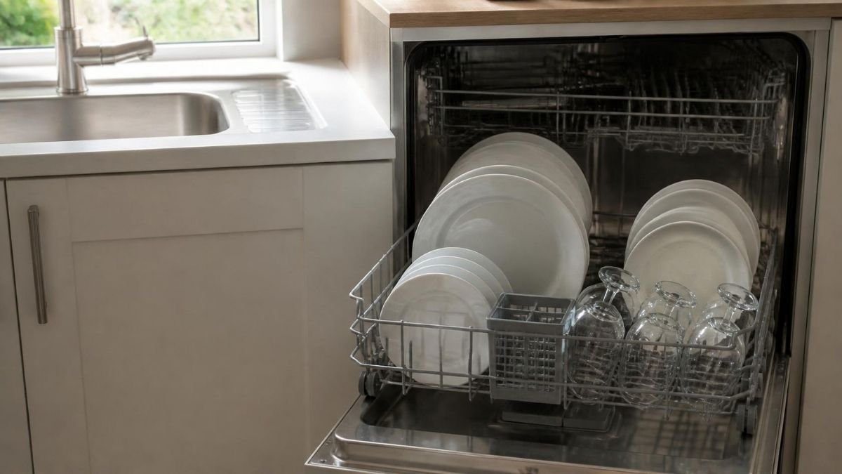 An open dishwasher with the lower rack pulled out and loaded with plain white plates and glasses, beside a stainless steel kitchen sink in daylight