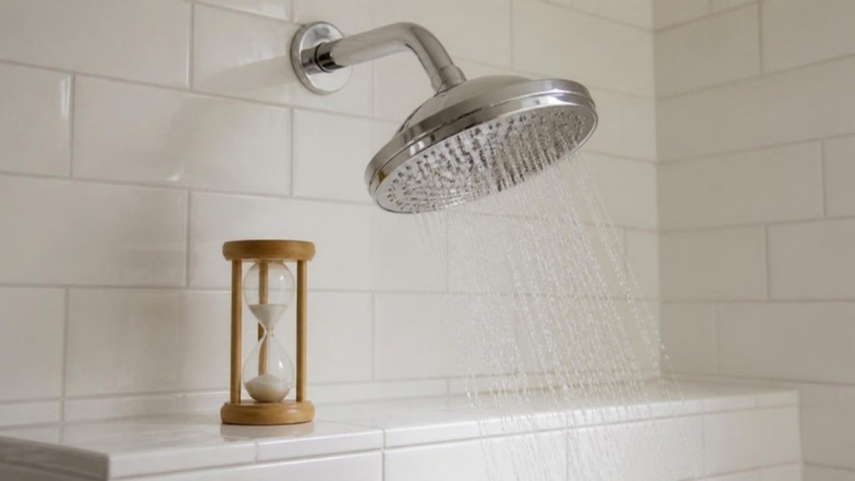 A chrome showerhead running with water against white tiles, with a small hourglass timer on the shelf below
