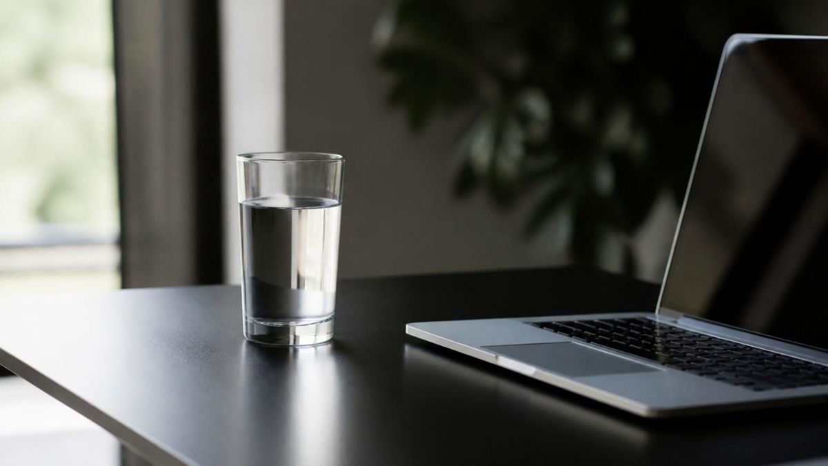 A glass of water on a dark desk beside an open laptop