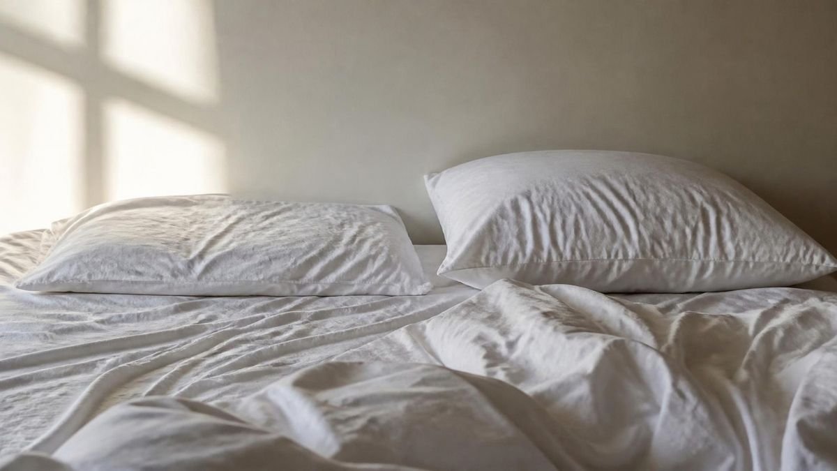 Two white bed pillows on an unmade bed in morning light, one flatter than the other