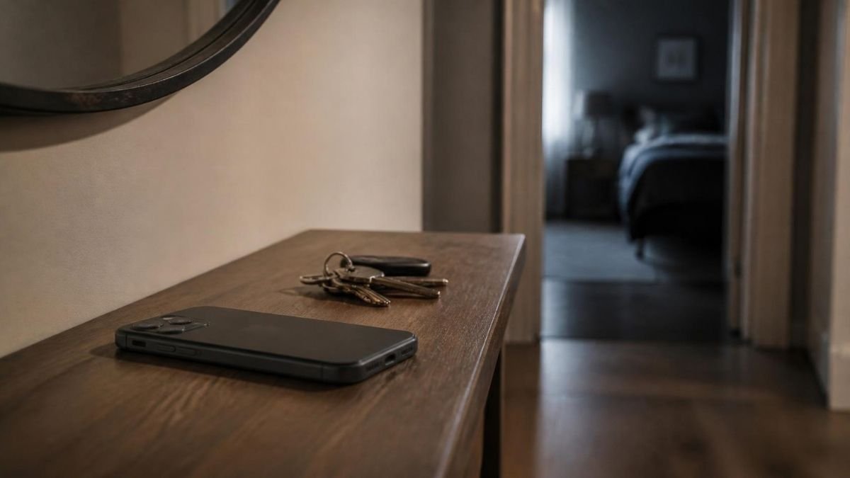 A smartphone lying face down on a wooden hallway shelf next to a set of keys, with a dim bedroom doorway out of focus behind it