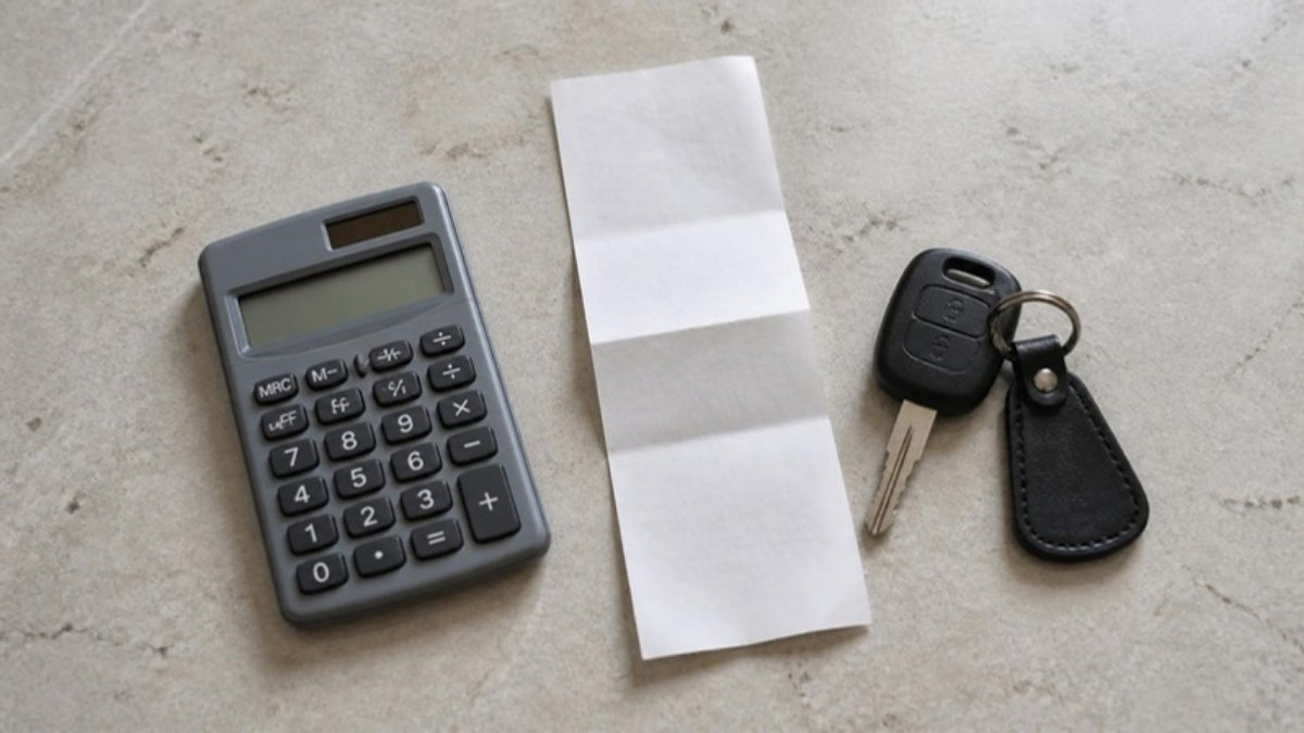 A pocket calculator, a folded paper receipt and a set of keys on a kitchen counter, seen from above