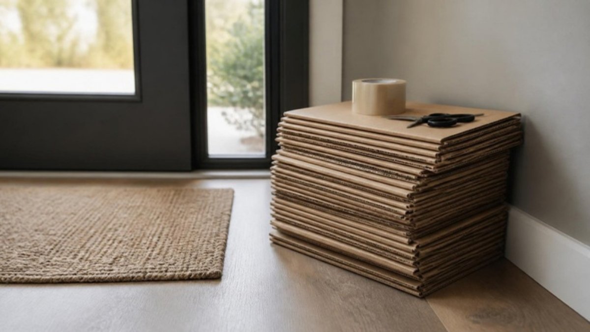 A stack of flattened brown cardboard delivery boxes beside a front door mat, with a pair of scissors on top