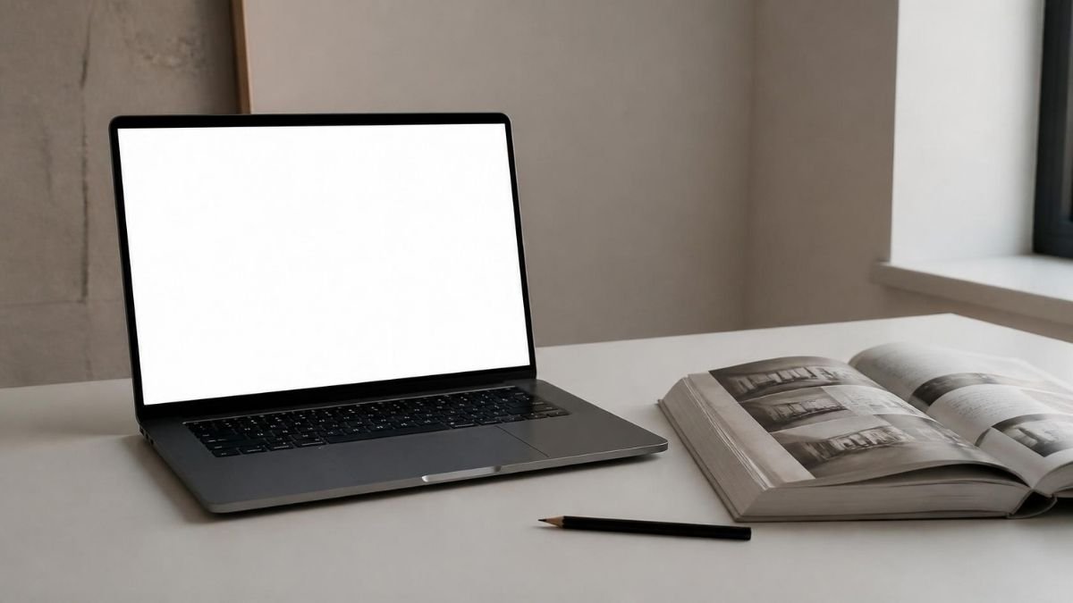 A laptop with a blank screen on a plain desk beside an open printed reference book and a pencil, in daylight