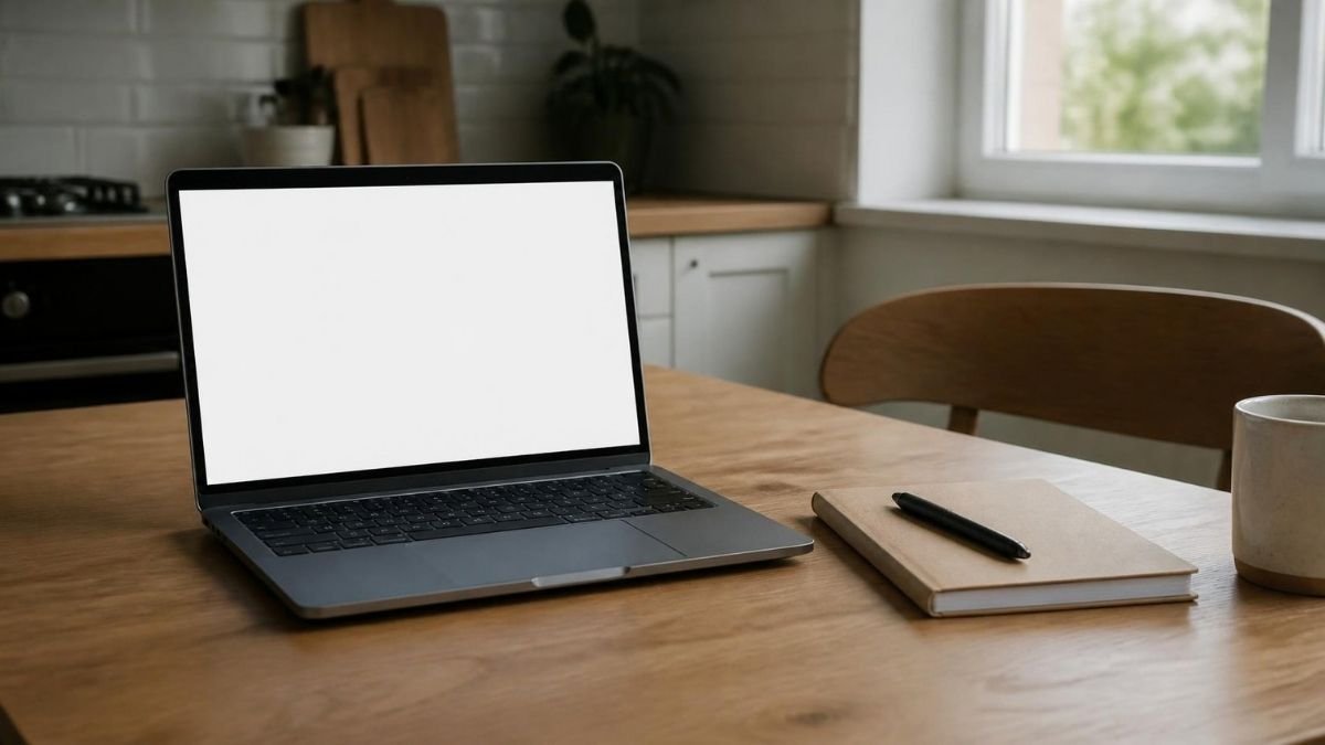 A laptop open on a kitchen table showing a blank chat window, with a closed paper notebook and a pen beside it
