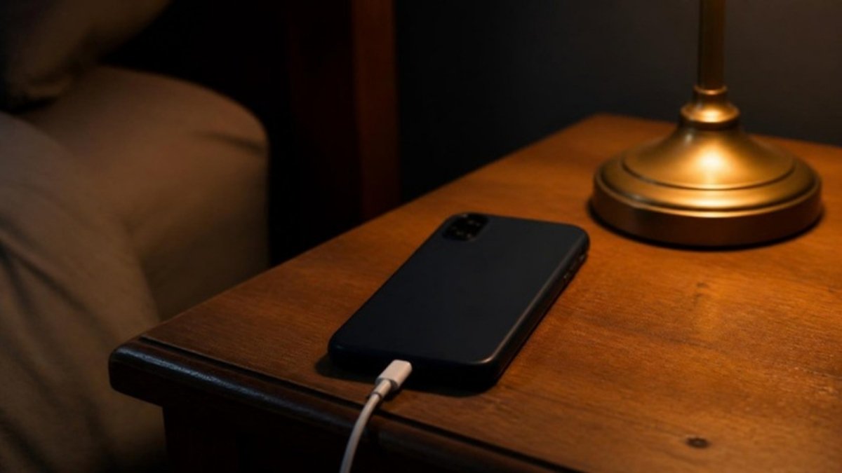 A smartphone charging on a wooden bedside table with the cable plugged in, beside a small lamp, in dim light
