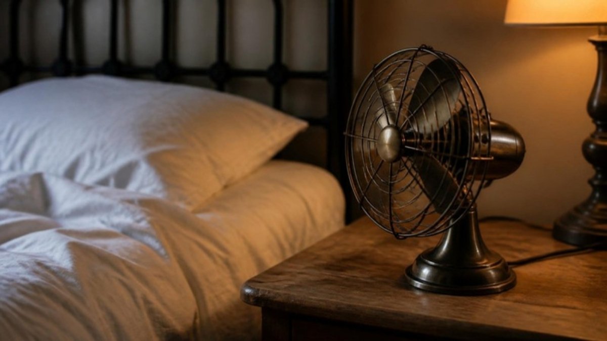 A small desk fan on a bedside table next to a bed with white sheets in evening lamplight