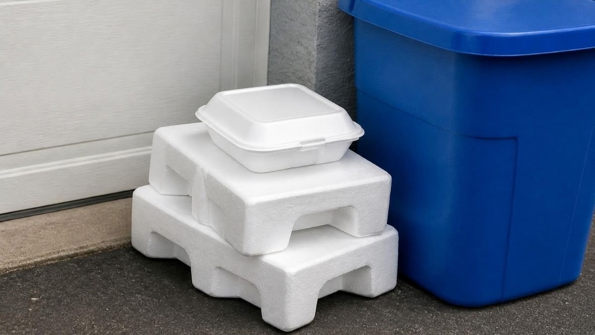 White foam packaging blocks and a foam takeaway container stacked beside a blue household recycling bin on a driveway