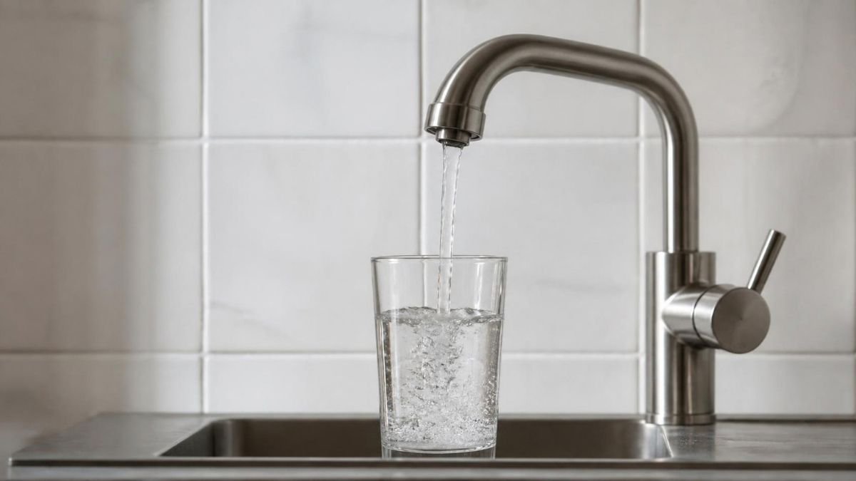 A clear glass being filled with water from a stainless steel kitchen tap, with a plain tiled wall behind it