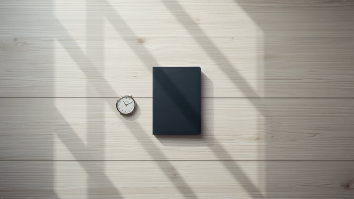 A small clock and a closed notebook on a sunlit wooden table