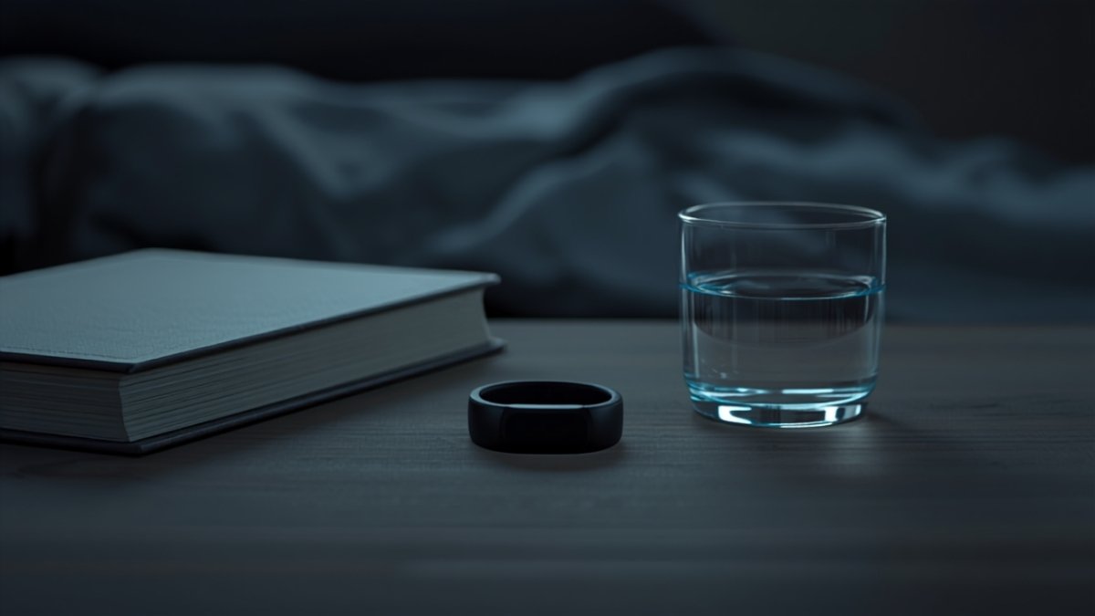 A matte black smart ring on a bedside table beside a book and a glass of water