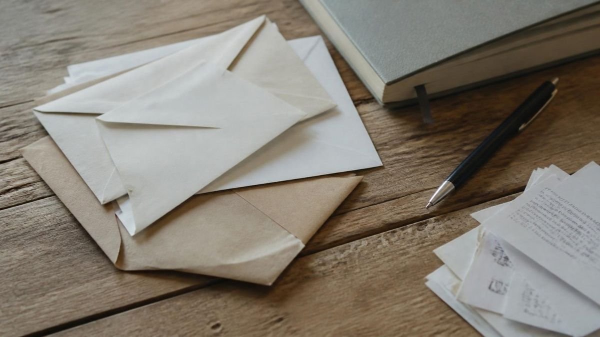 Several plain paper envelopes on a wooden table beside a notebook, a pen and a small pile of receipts