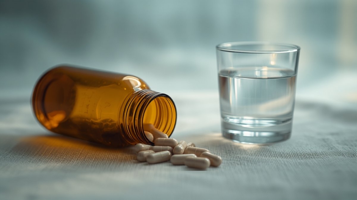 An amber supplement bottle tipped over, tablets spilling beside a glass of water