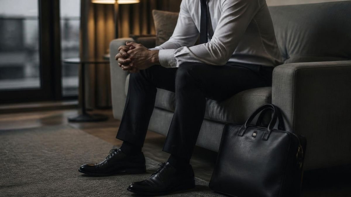 A person in office clothes sitting on the edge of a sofa in evening light, shoes still on, a laptop bag on the floor beside them