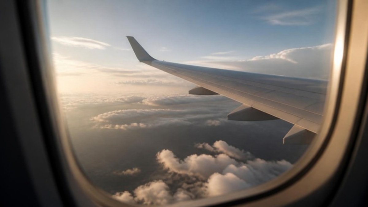 A view through an airplane window of the wing above clouds during descent, with the seat-back tray table folded